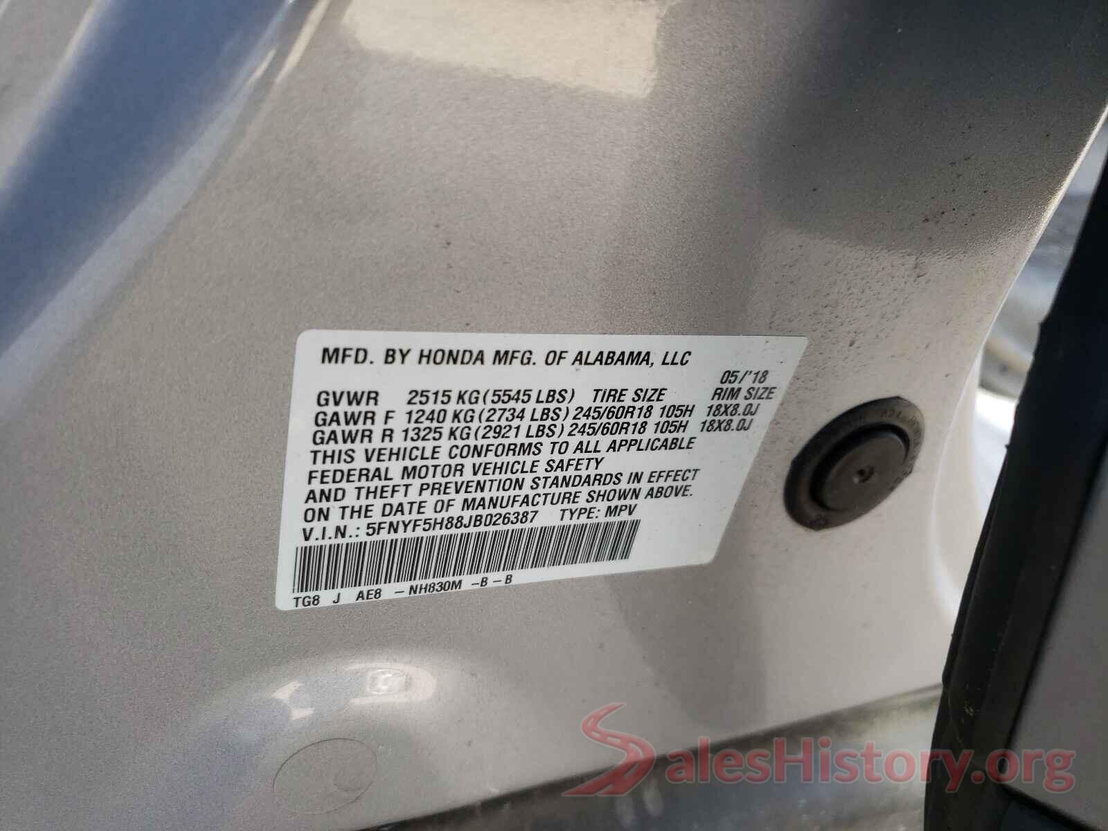 5FNYF5H88JB026387 2018 HONDA PILOT