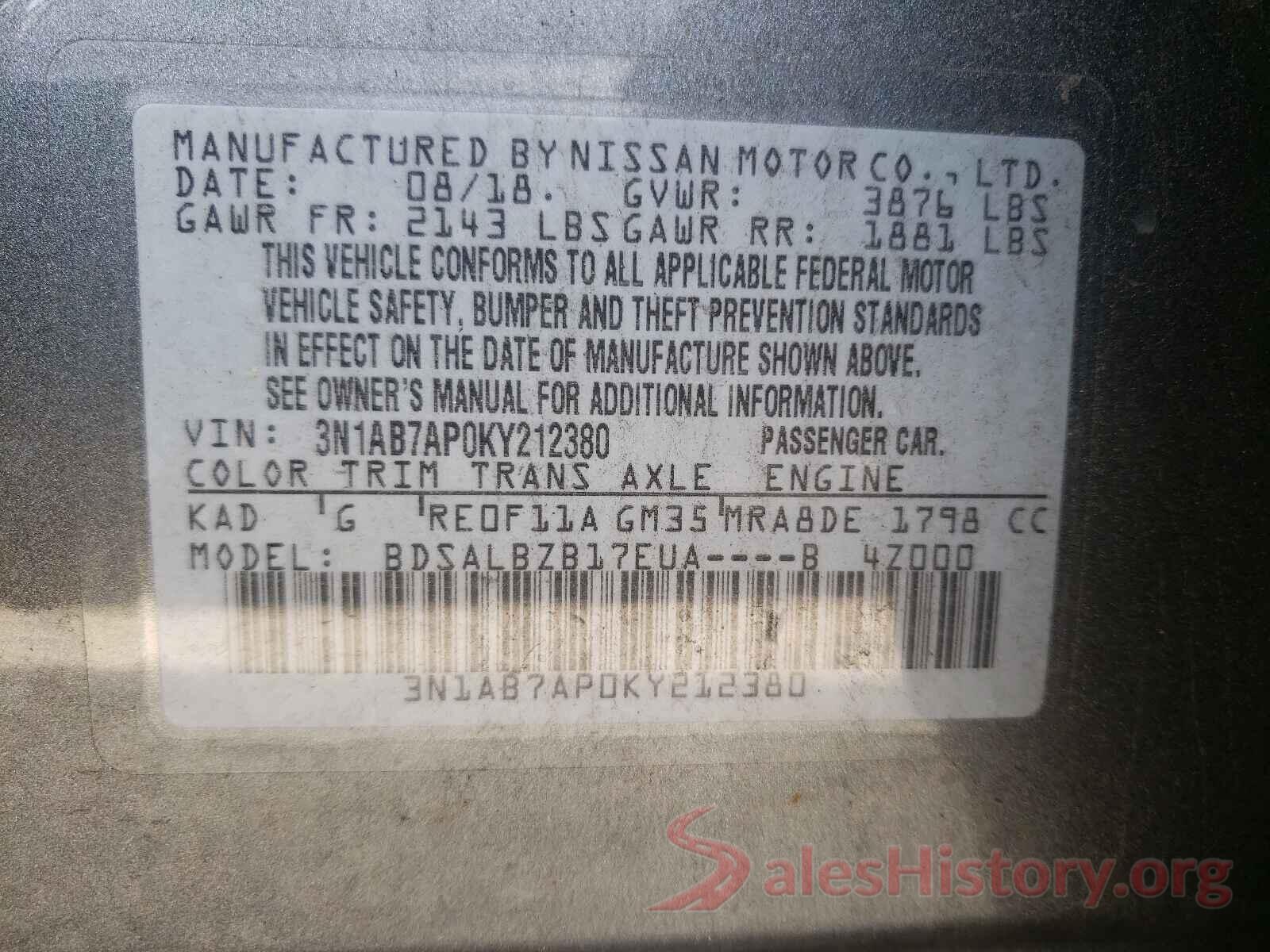 3N1AB7AP0KY212380 2019 NISSAN SENTRA