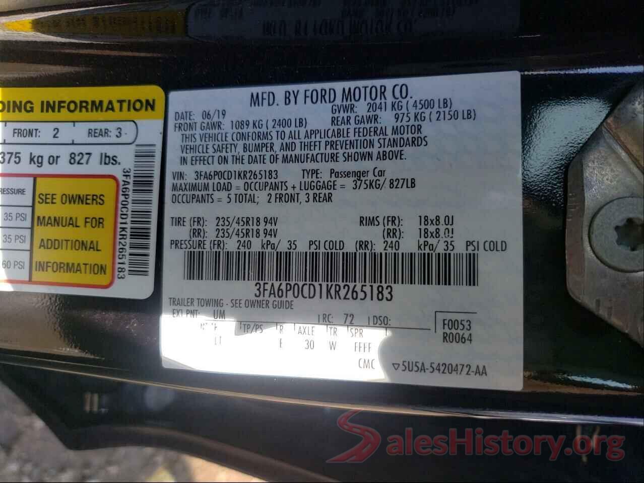 3FA6P0CD1KR265183 2019 FORD FUSION