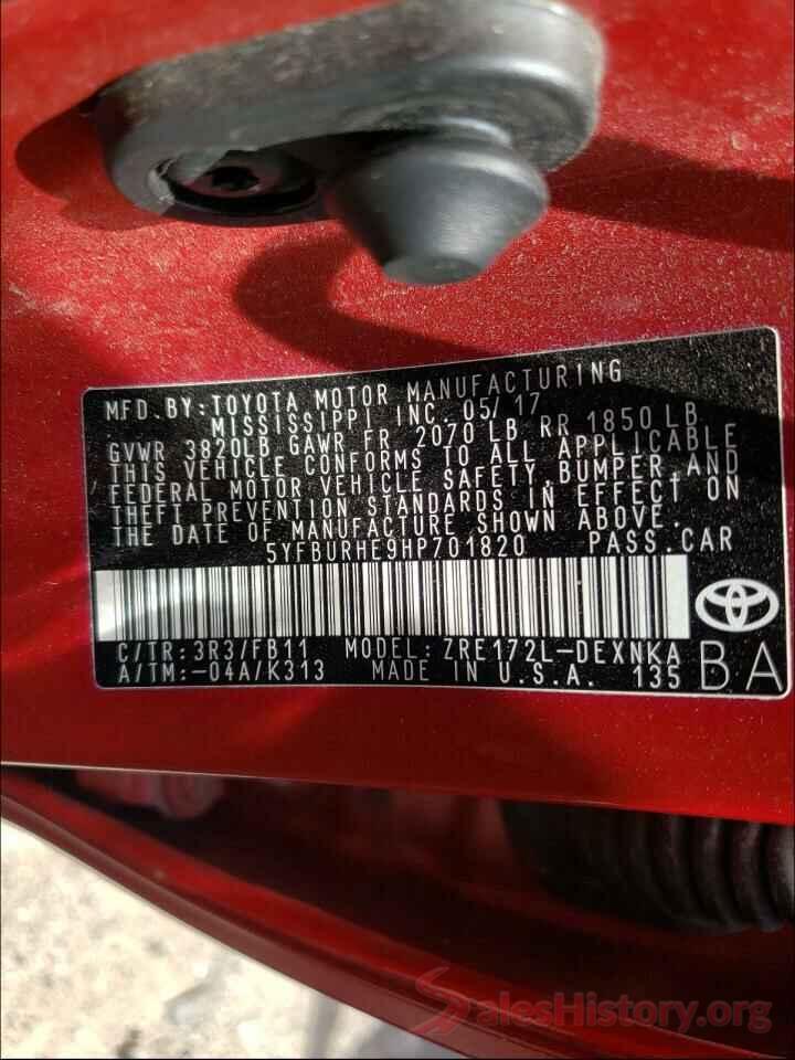 5YFBURHE9HP701820 2017 TOYOTA COROLLA