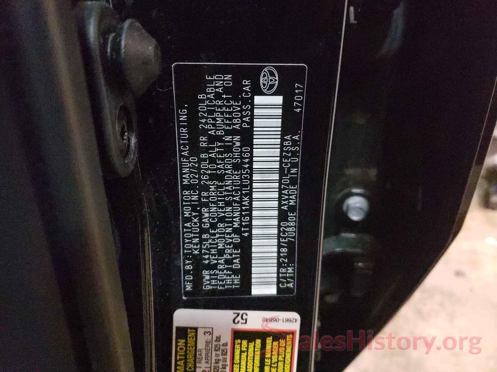 4T1G11AK1LU354460 2020 TOYOTA CAMRY