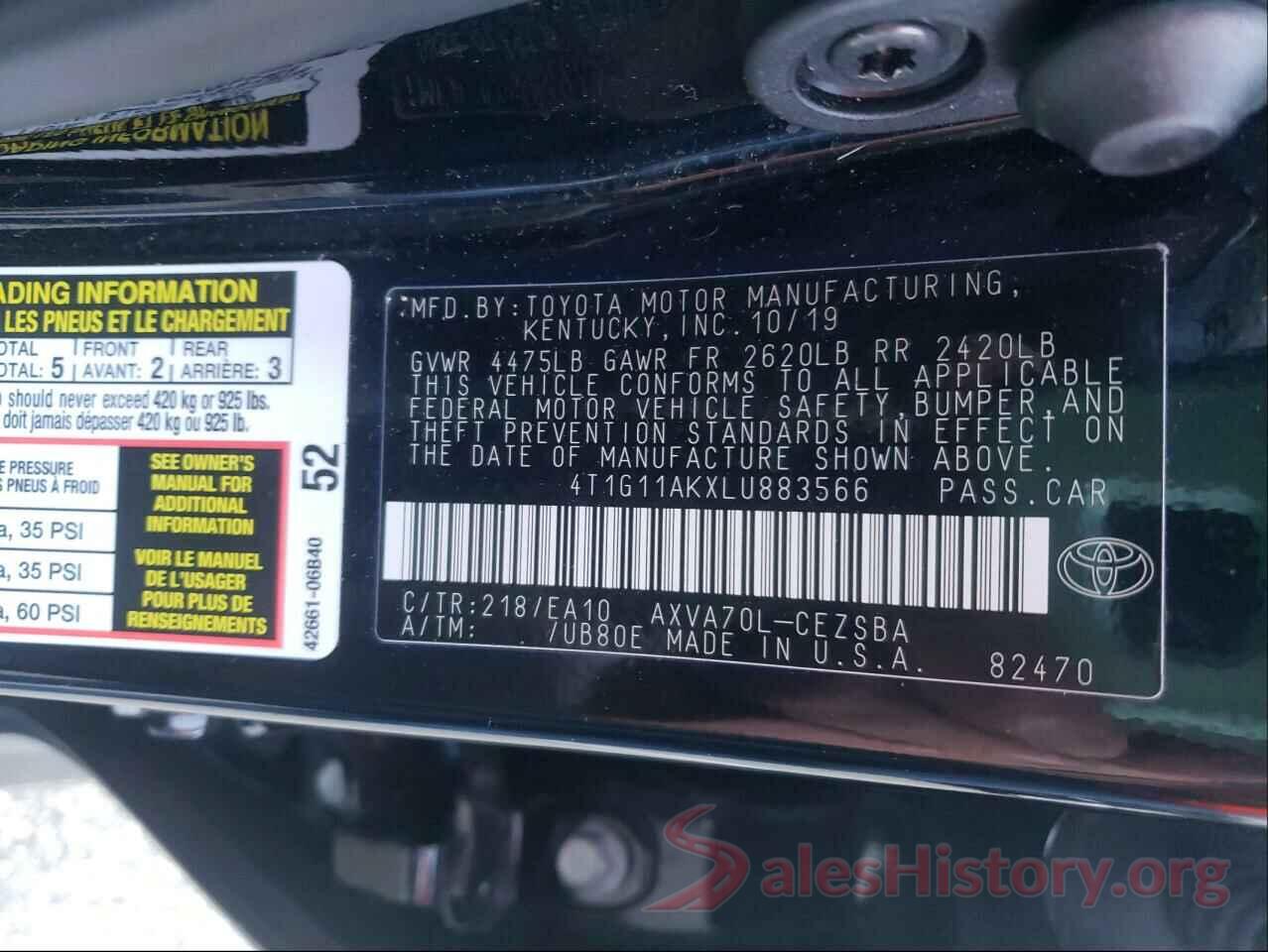 4T1G11AKXLU883566 2020 TOYOTA CAMRY