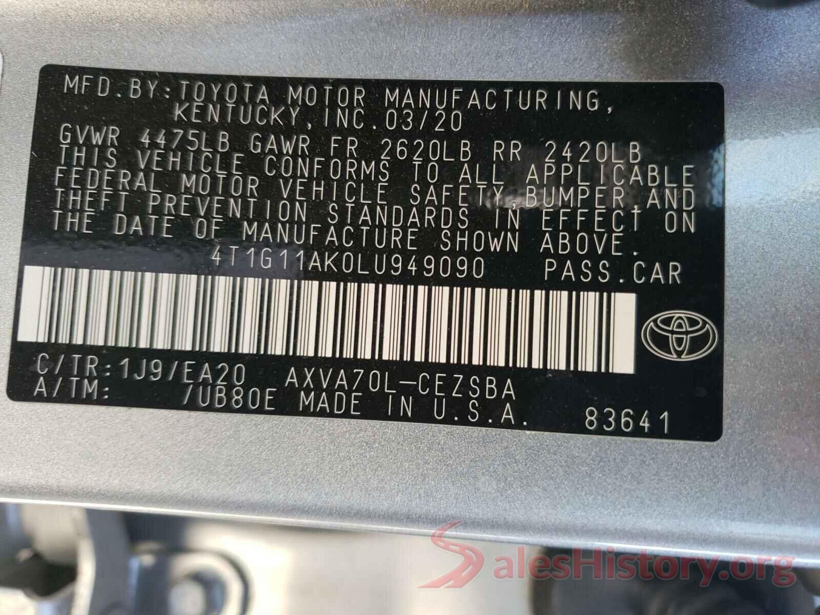 4T1G11AK0LU949090 2020 TOYOTA CAMRY