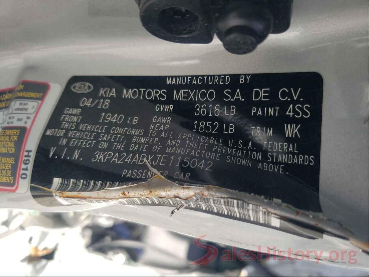 3KPA24ABXJE115042 2018 KIA RIO