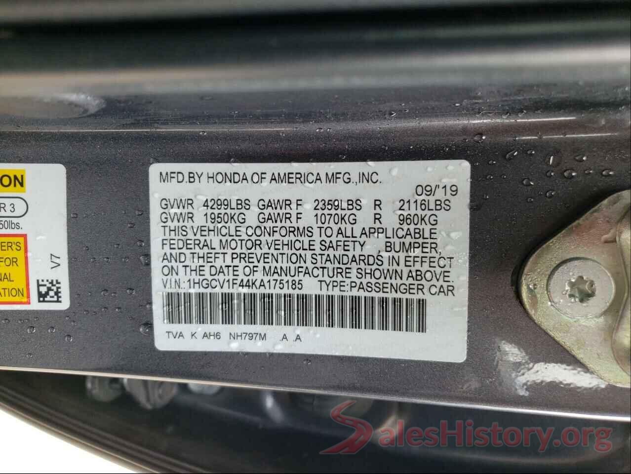 1HGCV1F44KA175185 2019 HONDA ACCORD