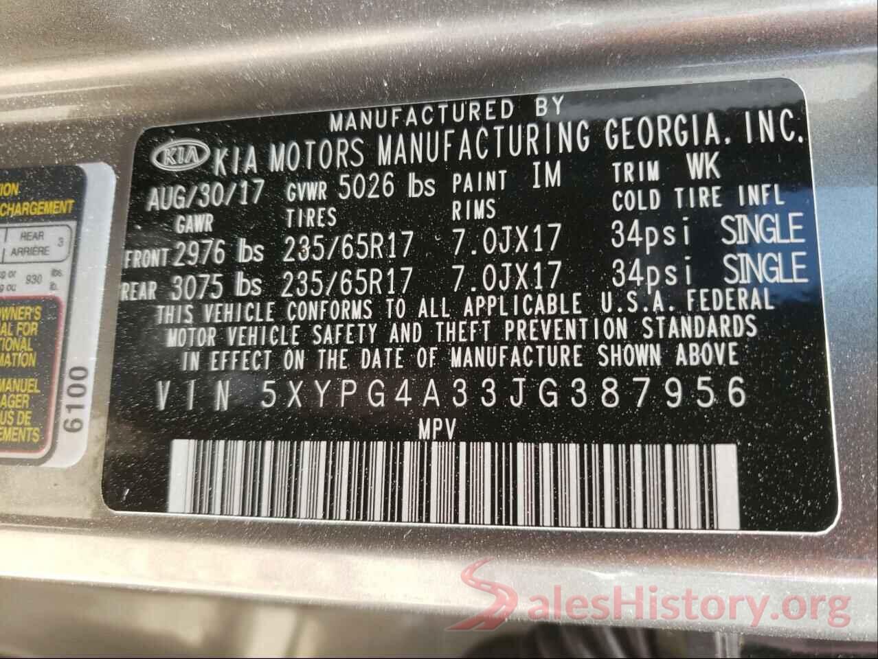 5XYPG4A33JG387956 2018 KIA SORENTO