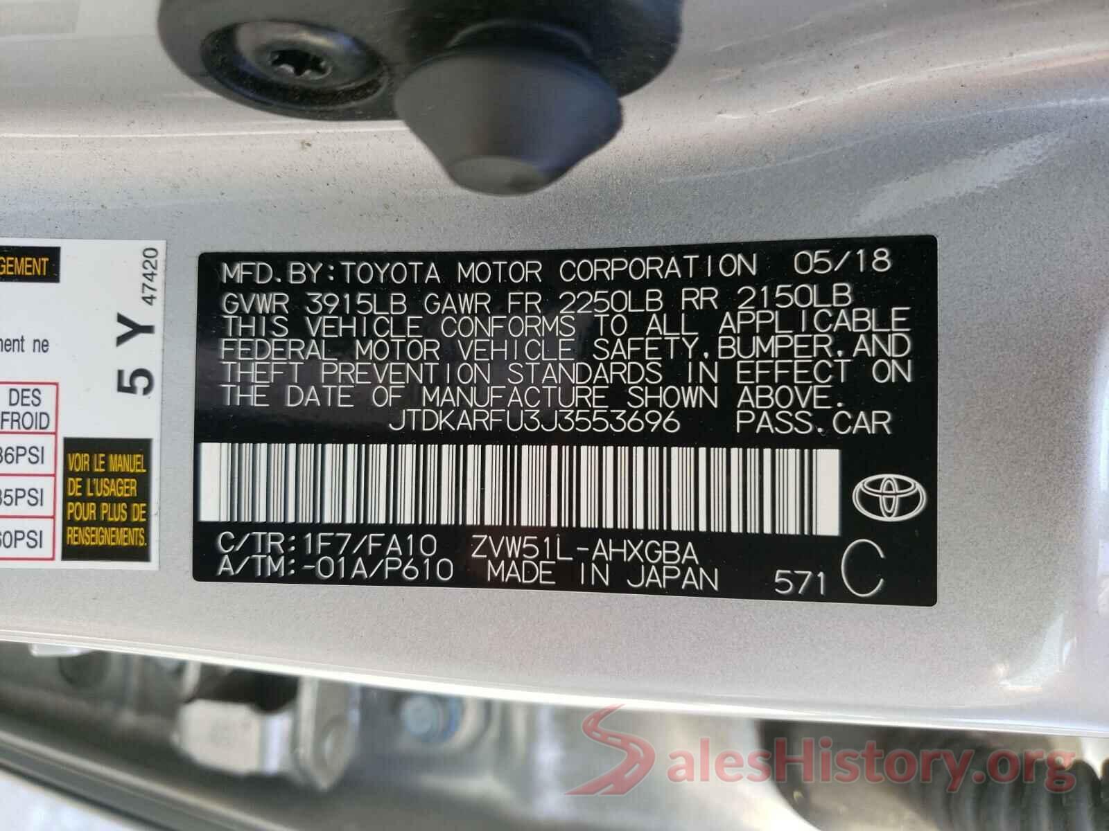 JTDKARFU3J3553696 2018 TOYOTA PRIUS