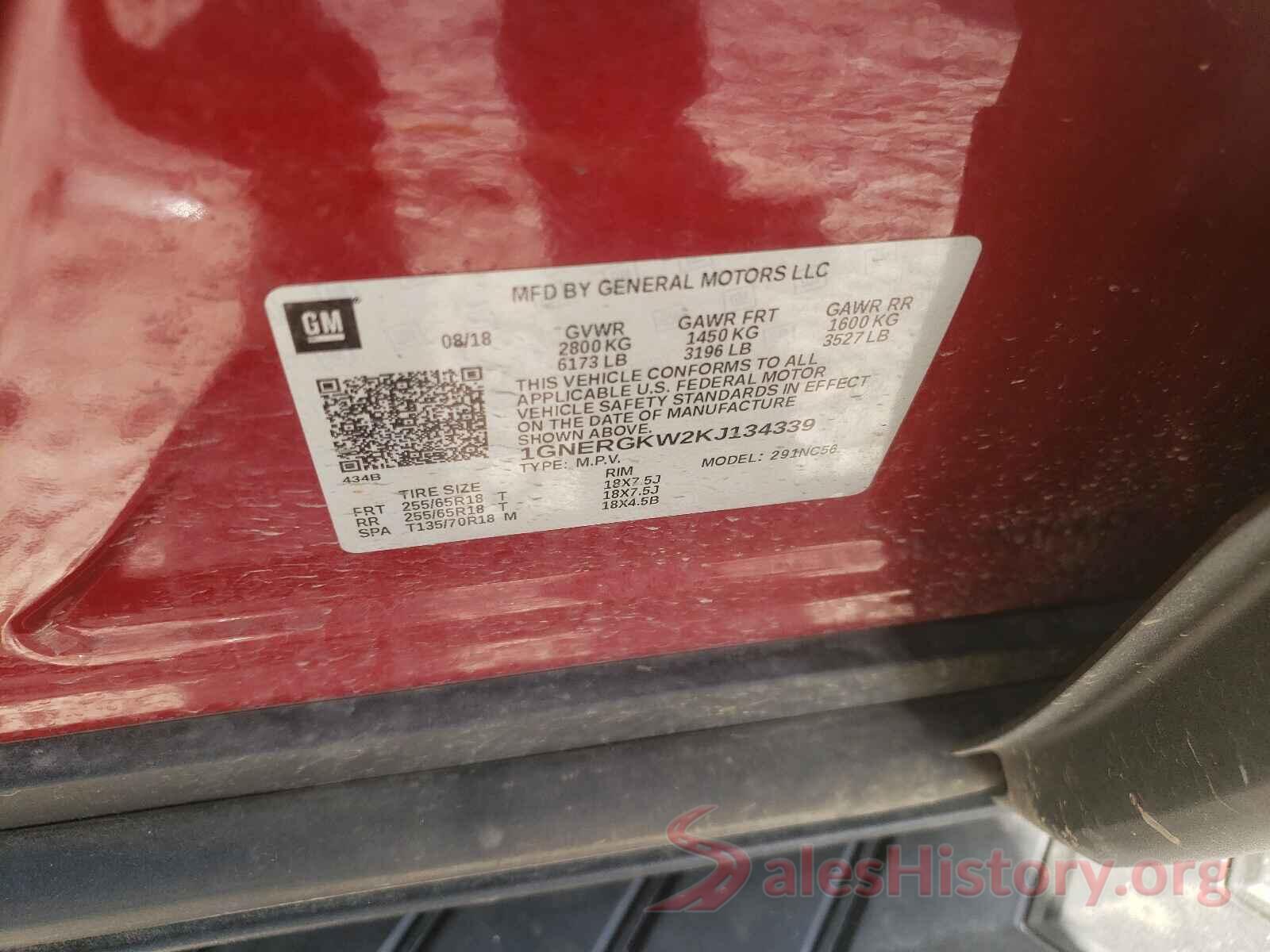 1GNERGKW2KJ134339 2019 CHEVROLET TRAVERSE