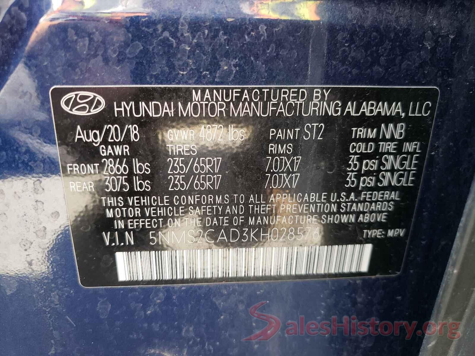 5NMS2CAD3KH028576 2019 HYUNDAI SANTA FE