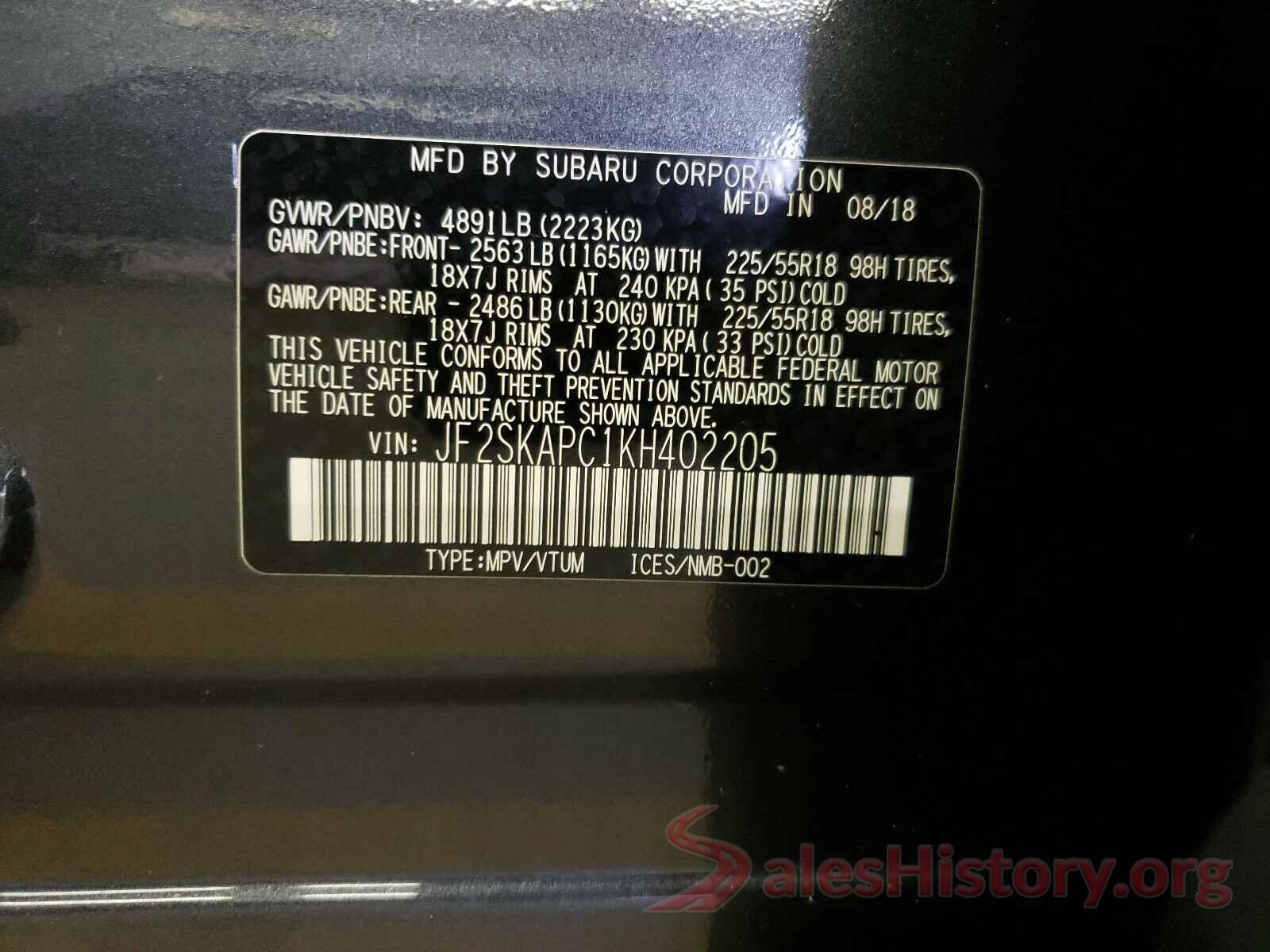 JF2SKAPC1KH402205 2019 SUBARU FORESTER