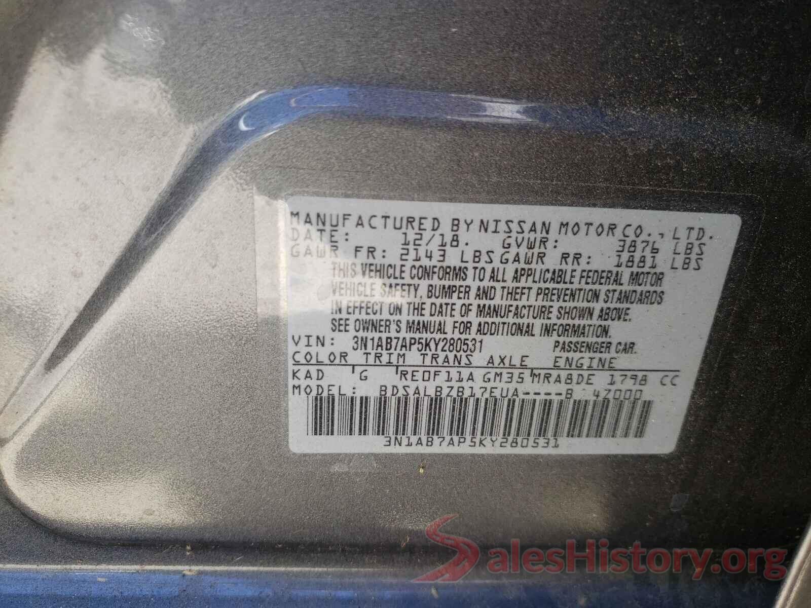 3N1AB7AP5KY280531 2019 NISSAN SENTRA