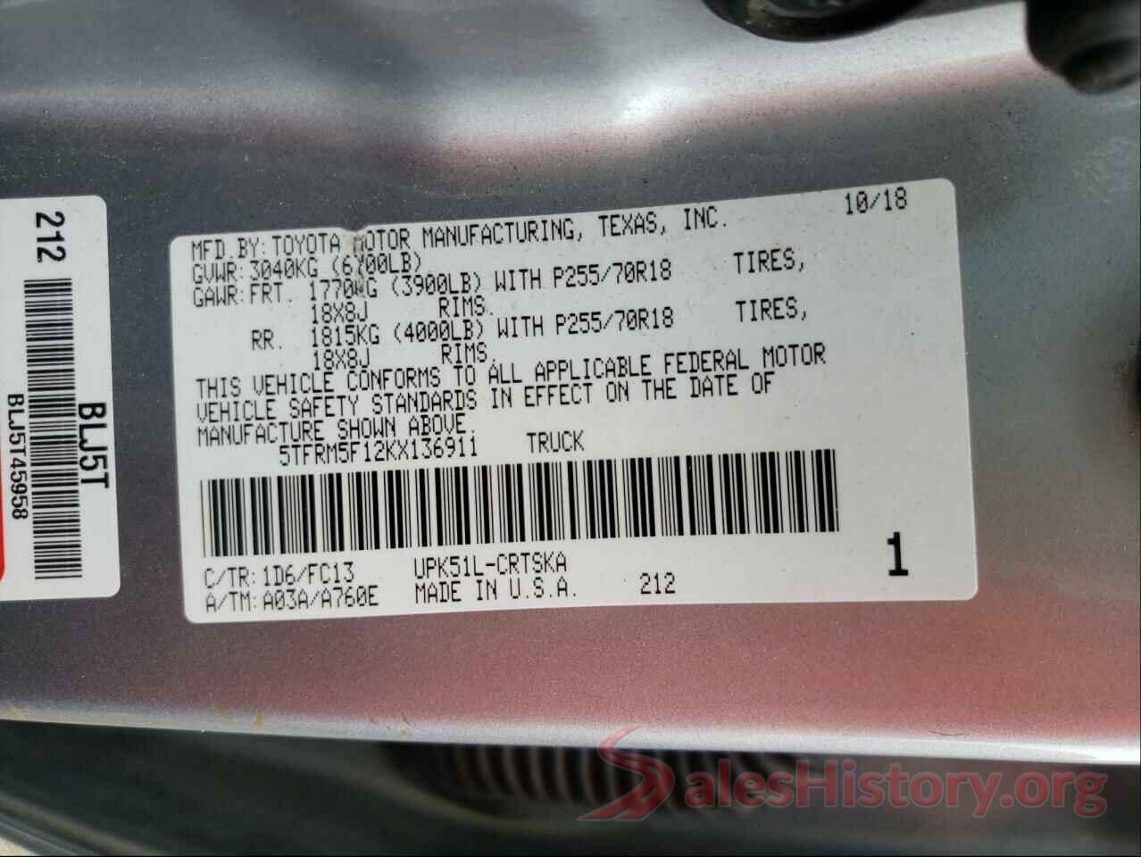 5TFRM5F12KX136911 2019 TOYOTA TUNDRA