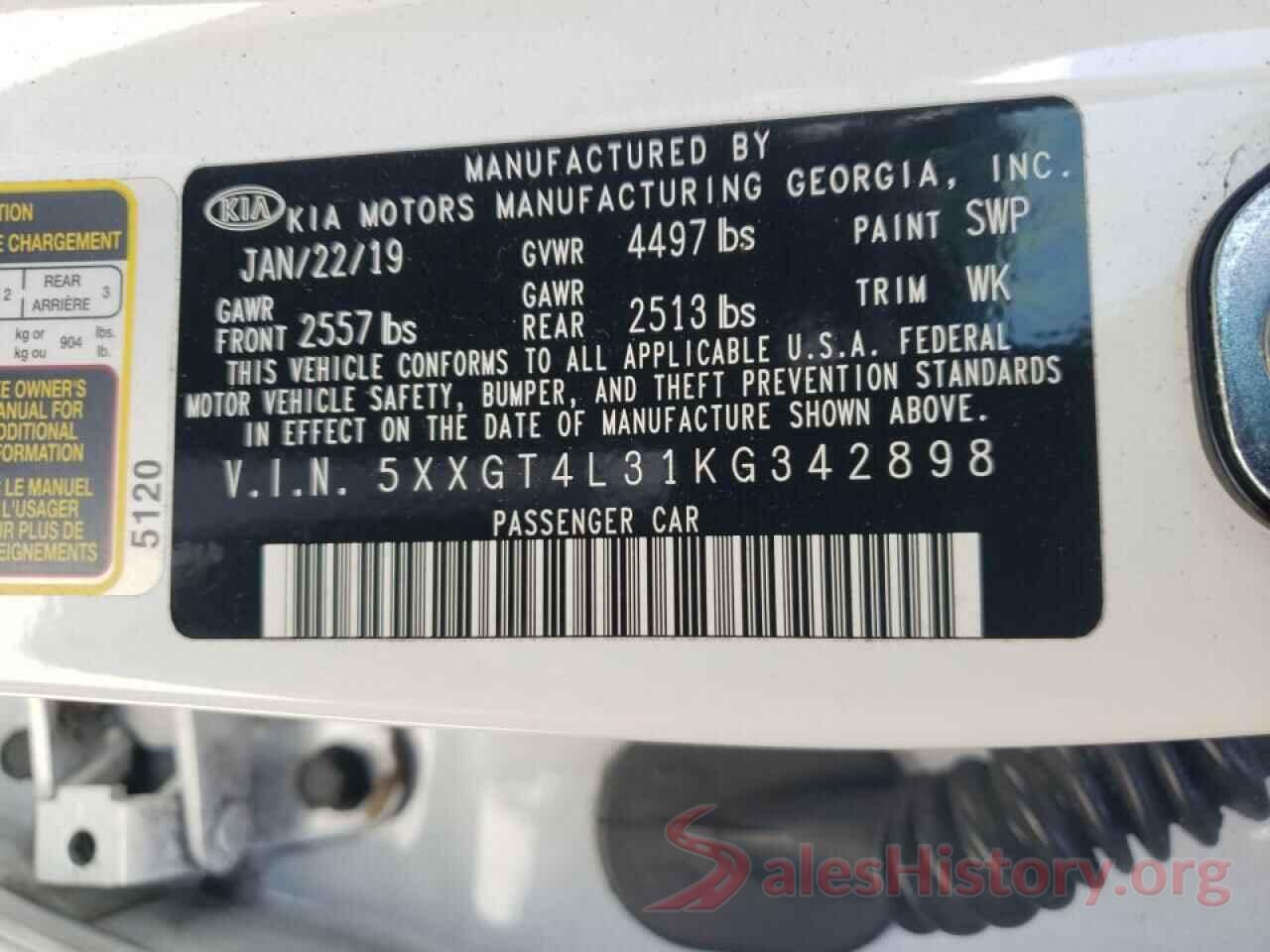 5XXGT4L31KG342898 2019 KIA OPTIMA