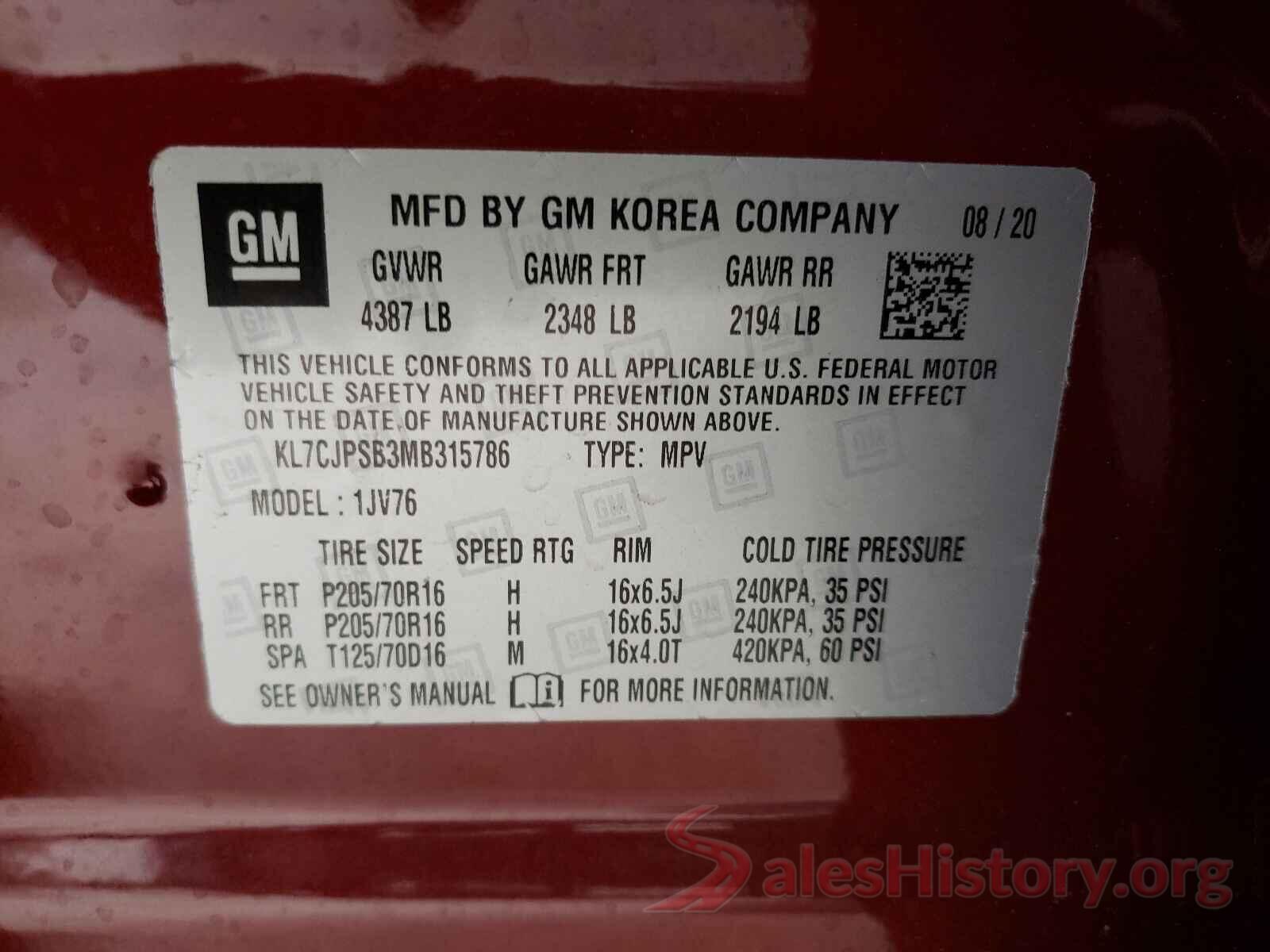 KL7CJPSB3MB315786 2021 CHEVROLET TRAX