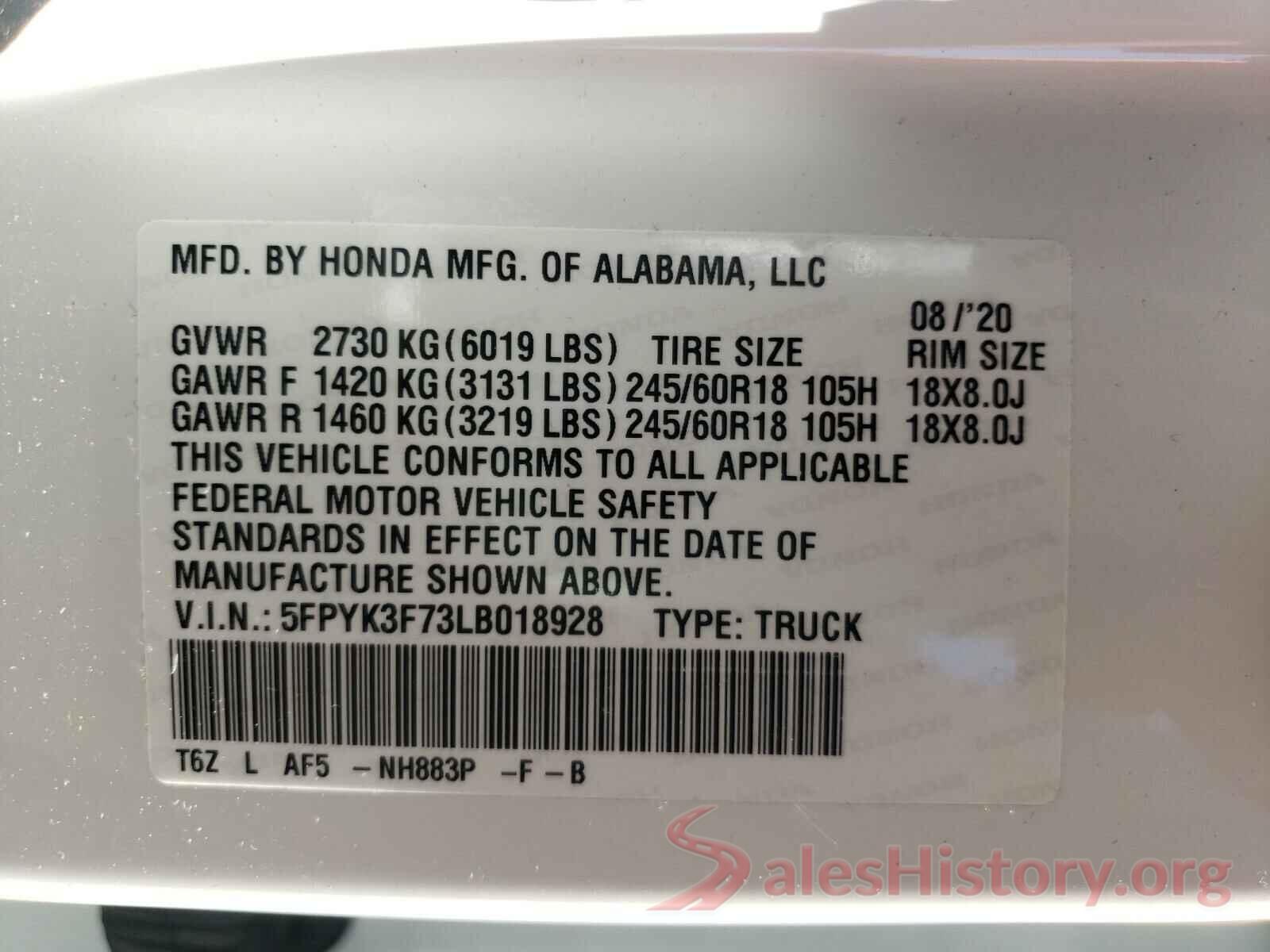 5FPYK3F73LB018928 2020 HONDA RIDGELINE