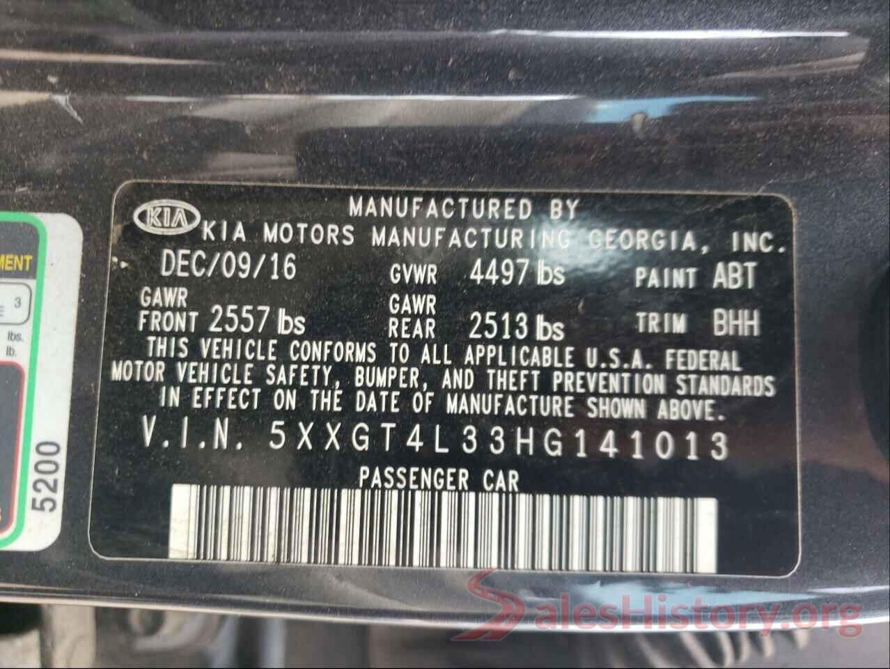 5XXGT4L33HG141013 2017 KIA OPTIMA