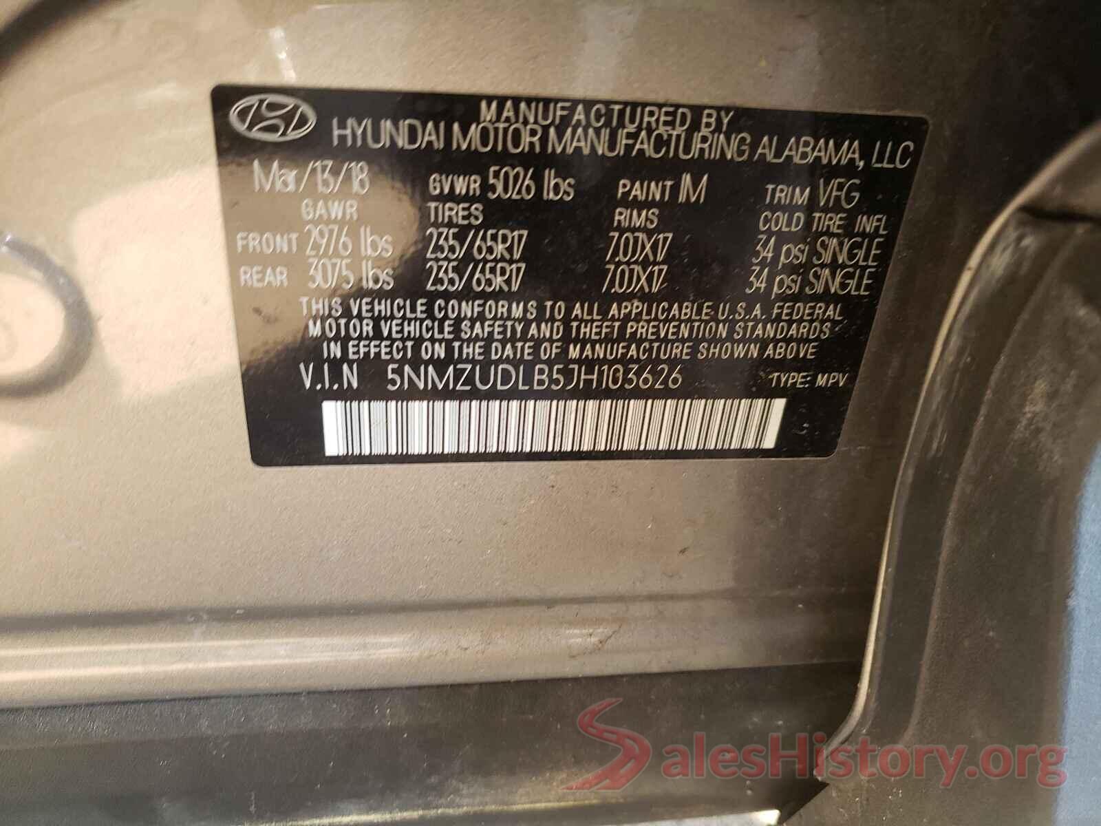 5NMZUDLB5JH103626 2018 HYUNDAI SANTA FE