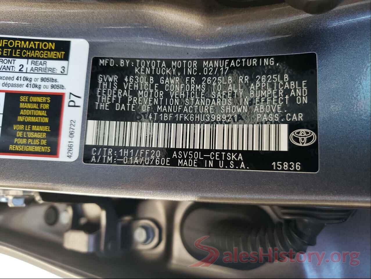 4T1BF1FK6HU398921 2017 TOYOTA CAMRY