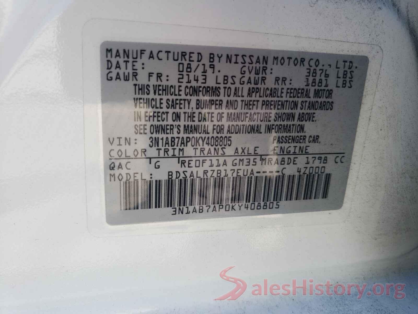 3N1AB7AP0KY408805 2019 NISSAN SENTRA