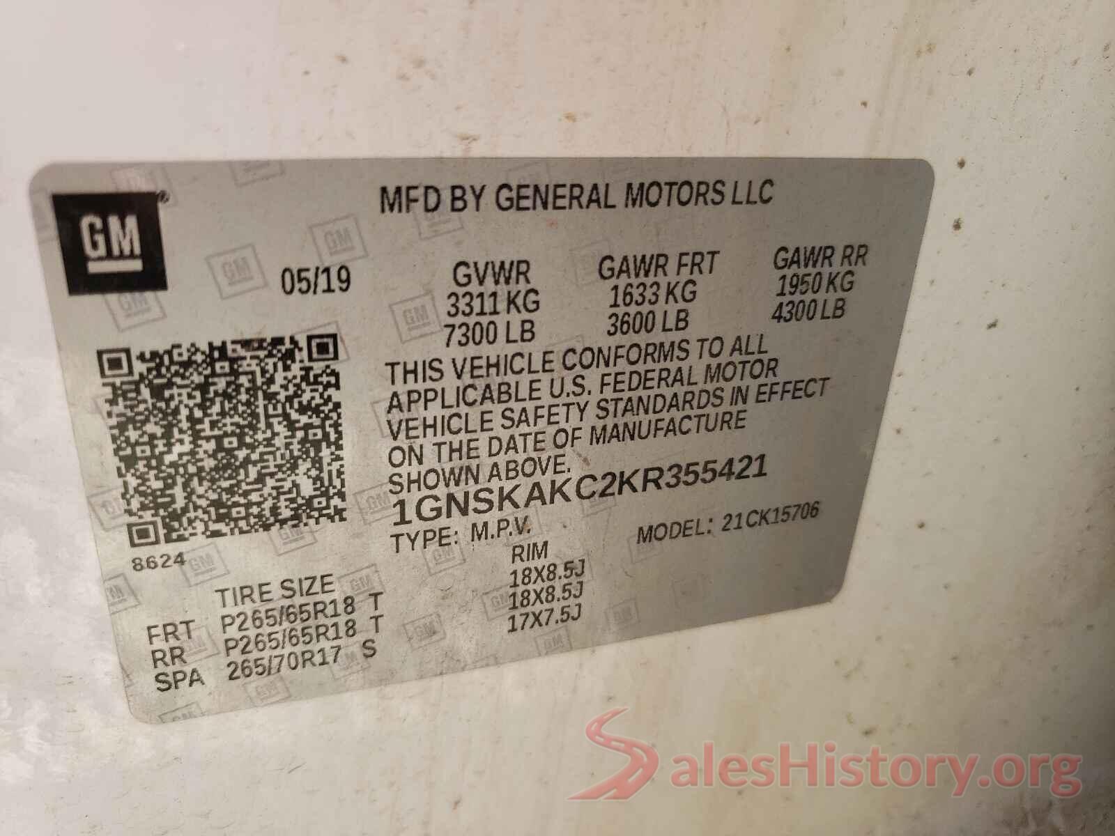 1GNSKAKC2KR355421 2019 CHEVROLET TAHOE