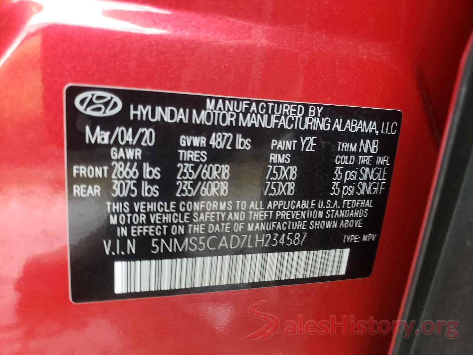 5NMS5CAD7LH234587 2020 HYUNDAI SANTA FE