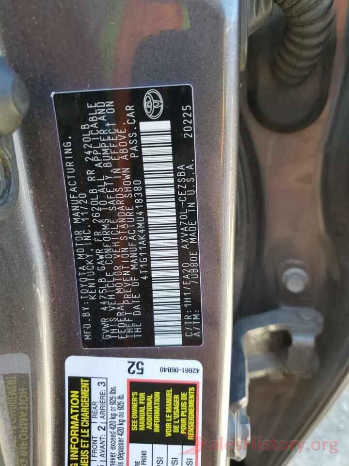 4T1G11AK4MU418380 2021 TOYOTA CAMRY