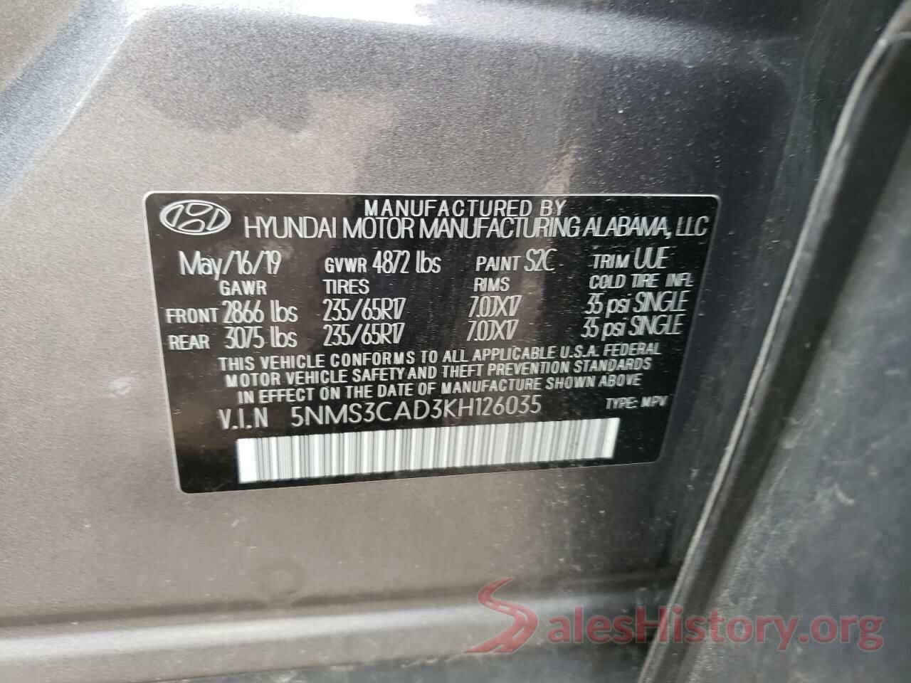 5NMS3CAD3KH126035 2019 HYUNDAI SANTA FE