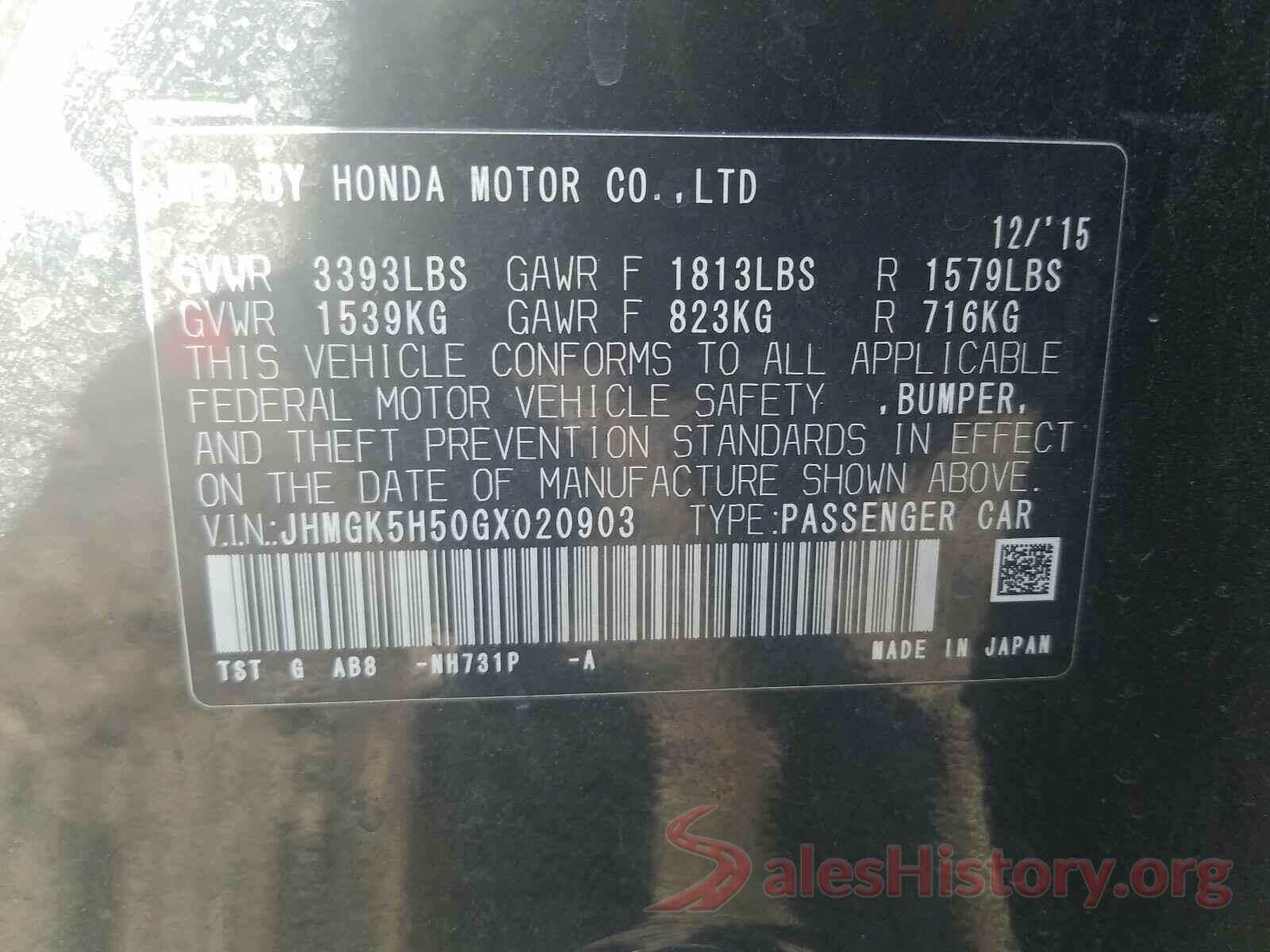 JHMGK5H50GX020903 2016 HONDA FIT