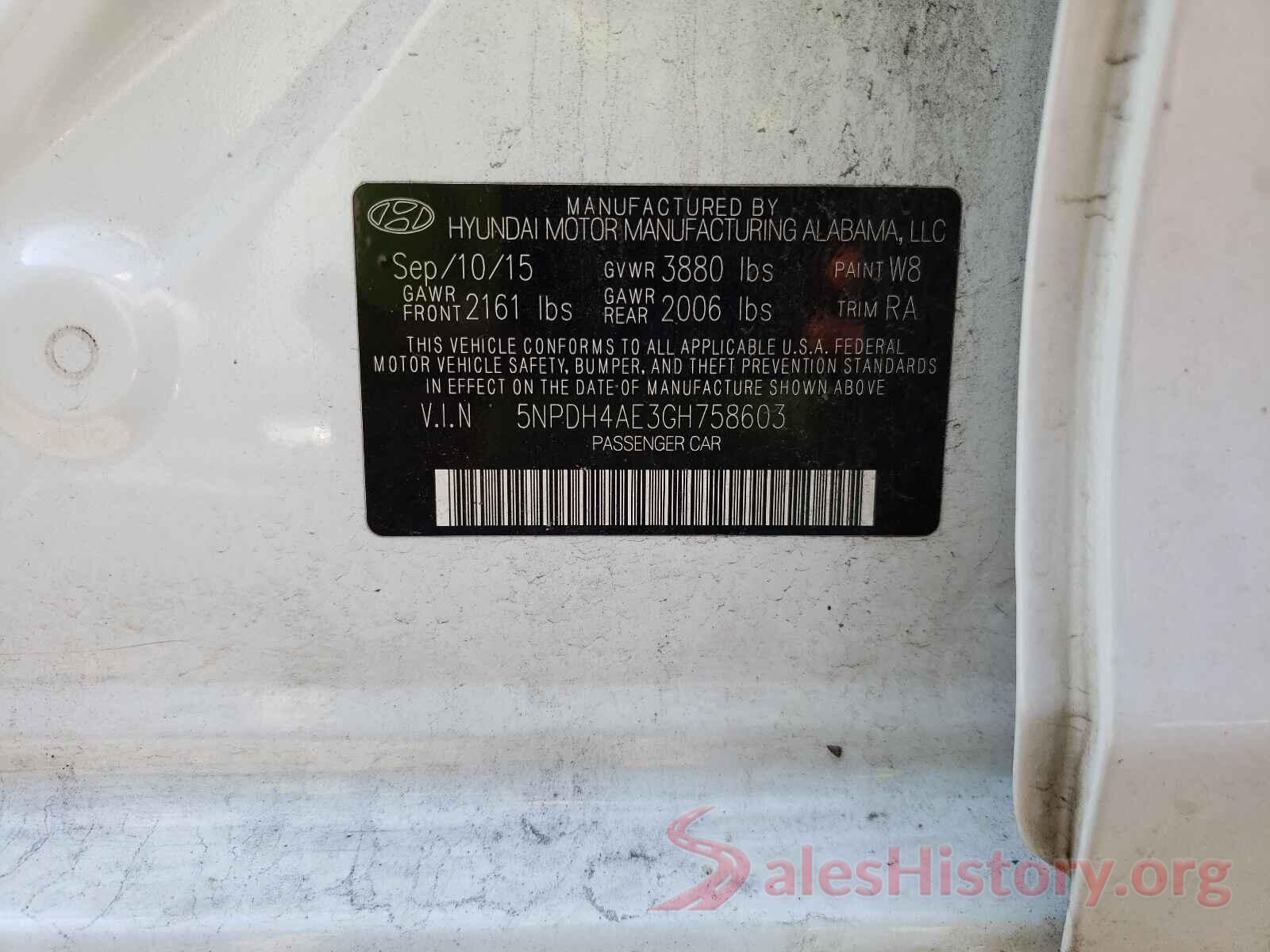 5NPDH4AE3GH758603 2016 HYUNDAI ELANTRA