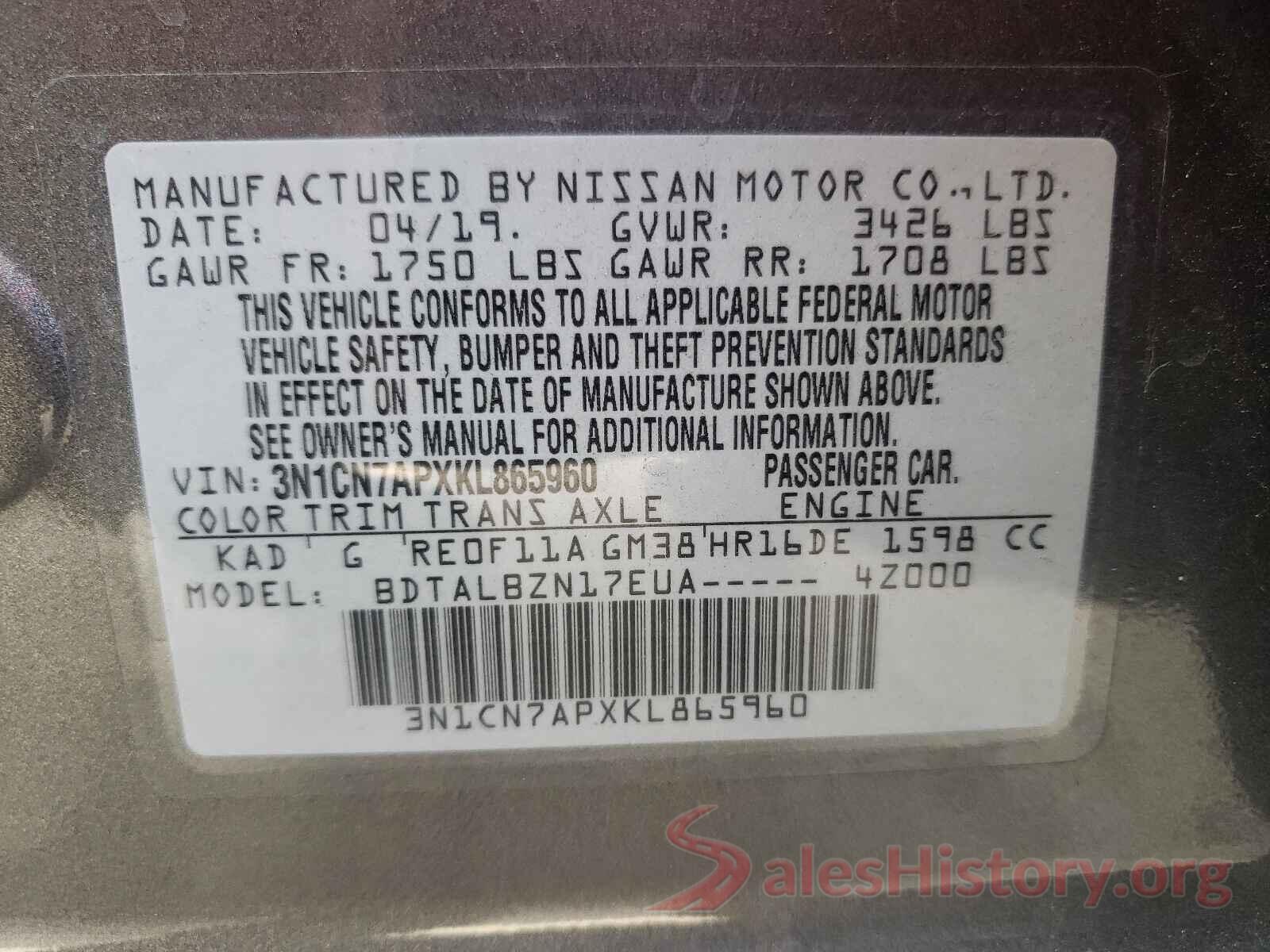 3N1CN7APXKL865960 2019 NISSAN VERSA