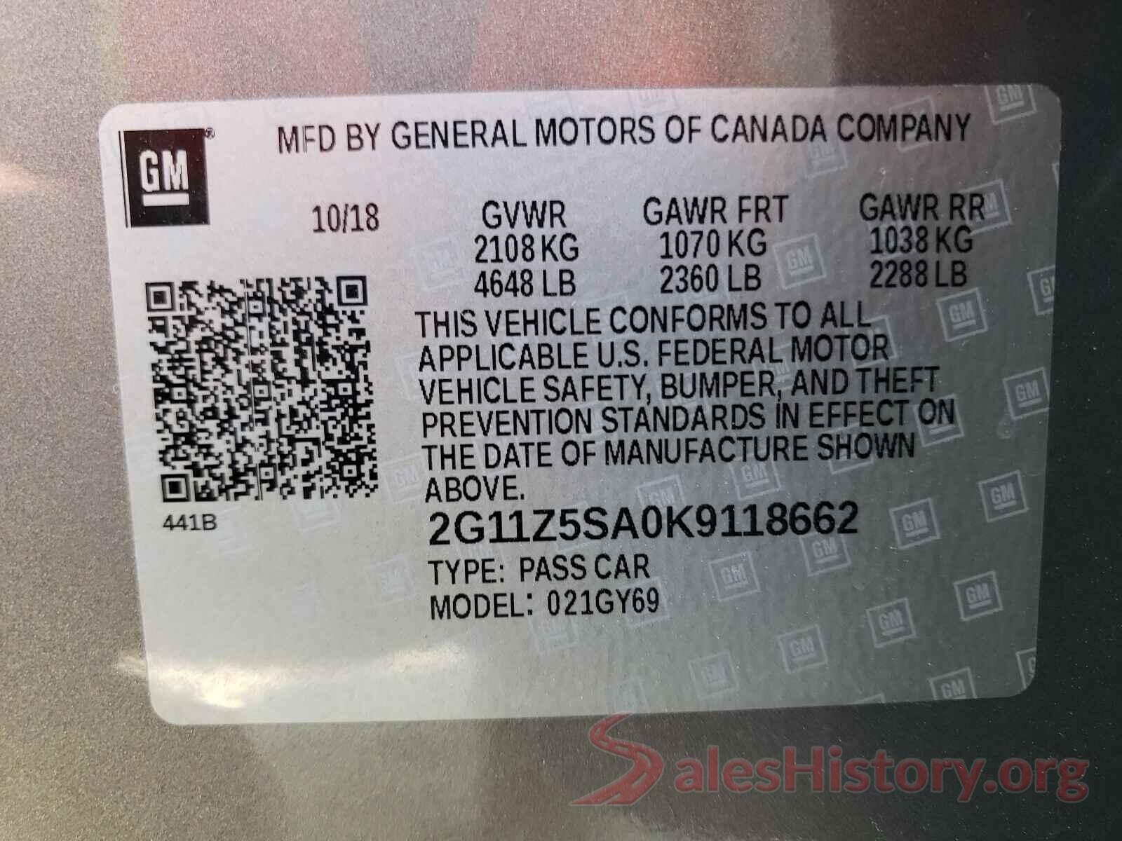 2G11Z5SA0K9118662 2019 CHEVROLET IMPALA