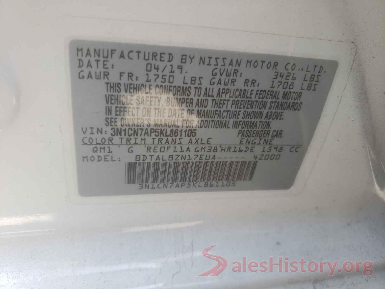 3N1CN7AP5KL861105 2019 NISSAN VERSA