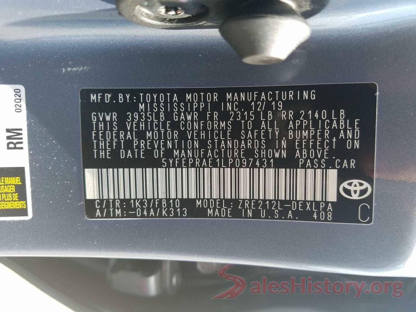 5YFEPRAE1LP097431 2020 TOYOTA COROLLA