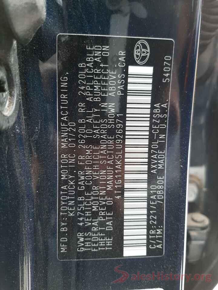 4T1G11AK5LU926971 2020 TOYOTA CAMRY