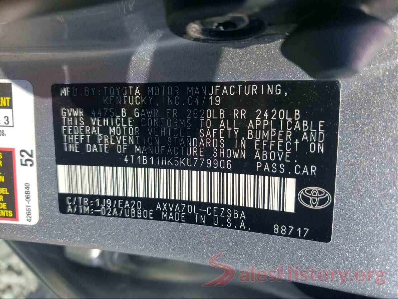 4T1B11HK5KU779906 2019 TOYOTA CAMRY