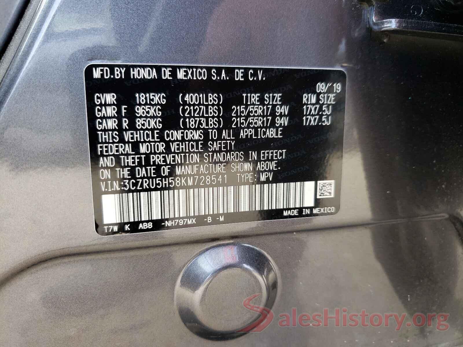 3CZRU5H58KM728541 2019 HONDA HR-V