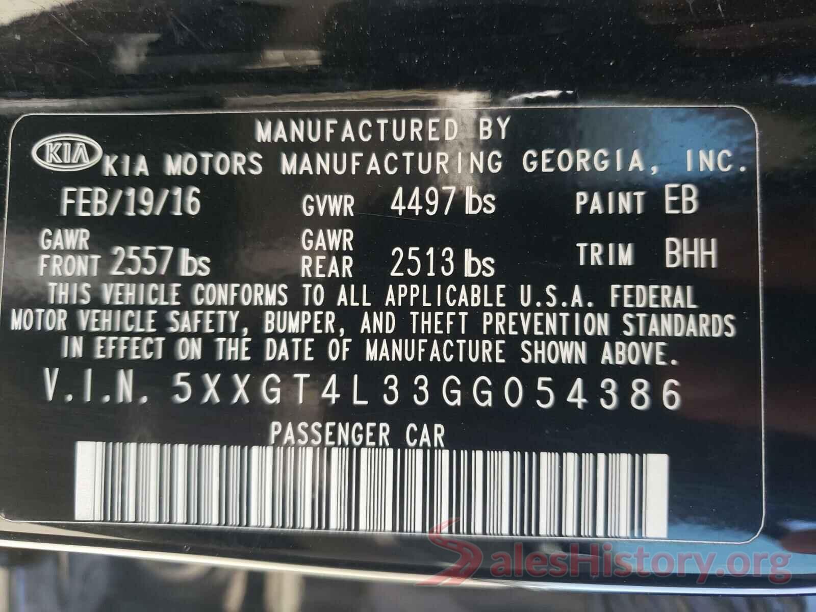 5XXGT4L33GG054386 2016 KIA OPTIMA