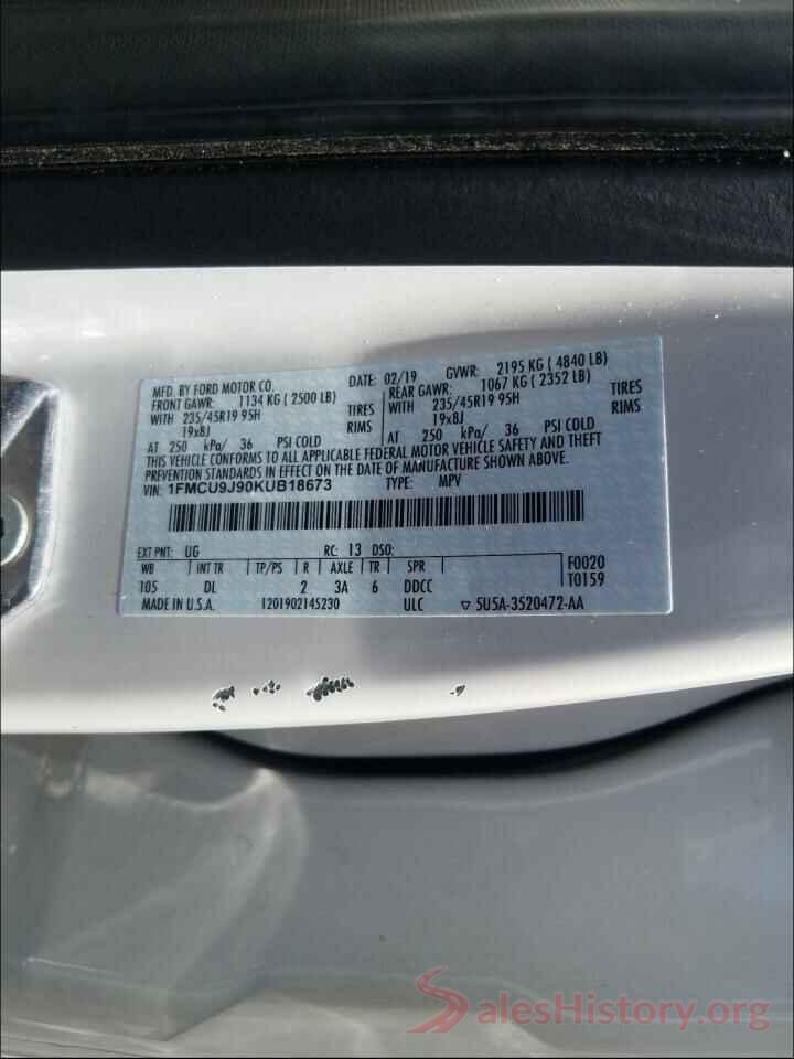 1FMCU9J90KUB18673 2019 FORD ESCAPE