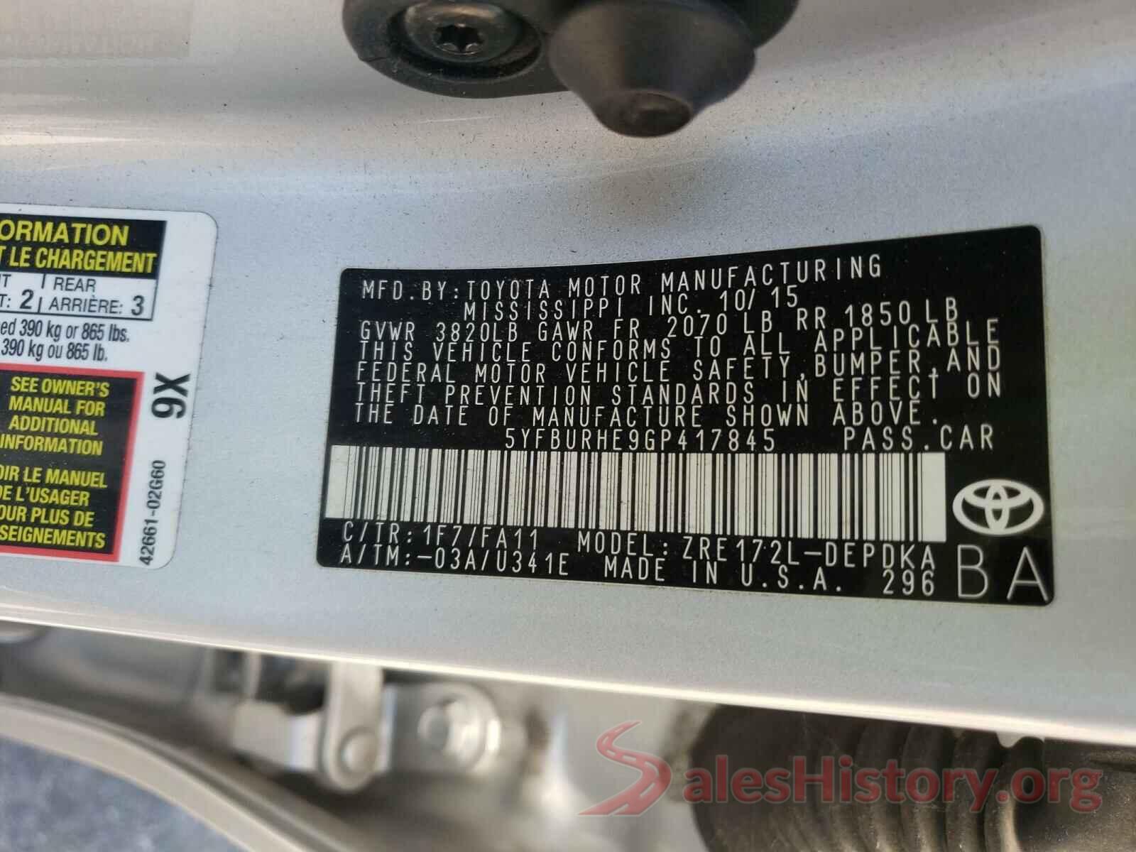 5YFBURHE9GP417845 2016 TOYOTA COROLLA