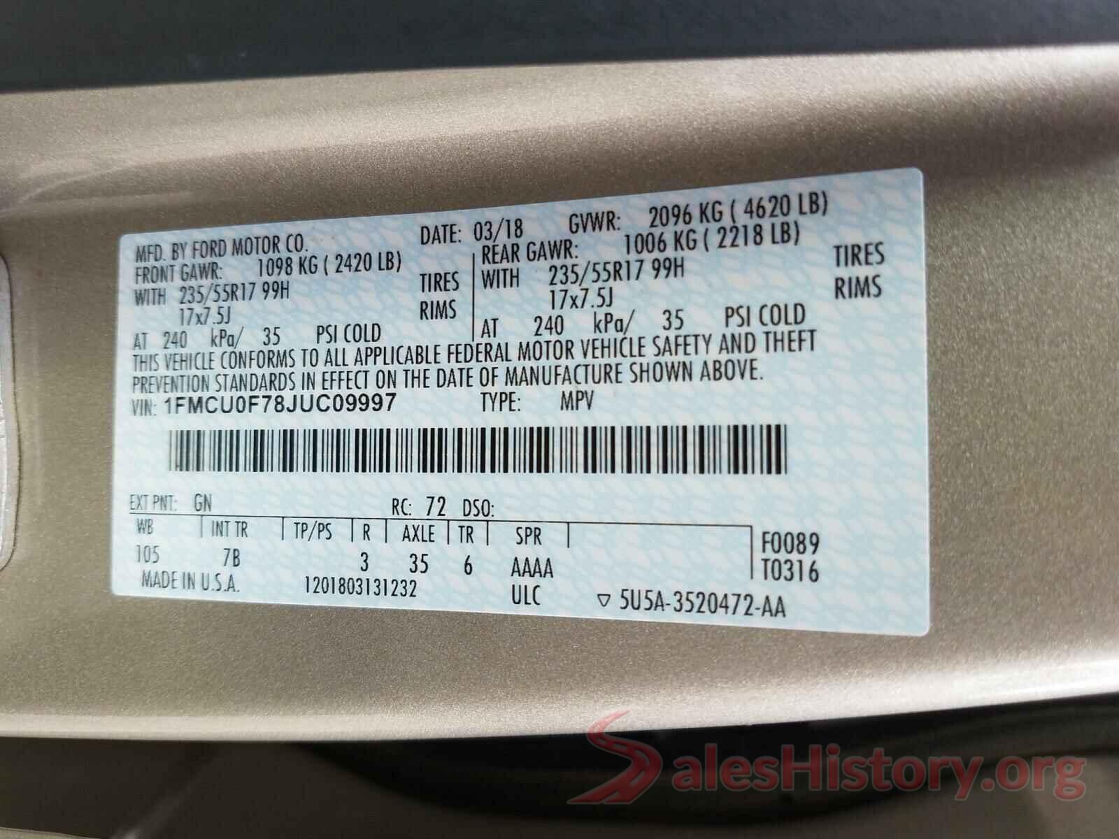 1FMCU0F78JUC09997 2018 FORD ESCAPE