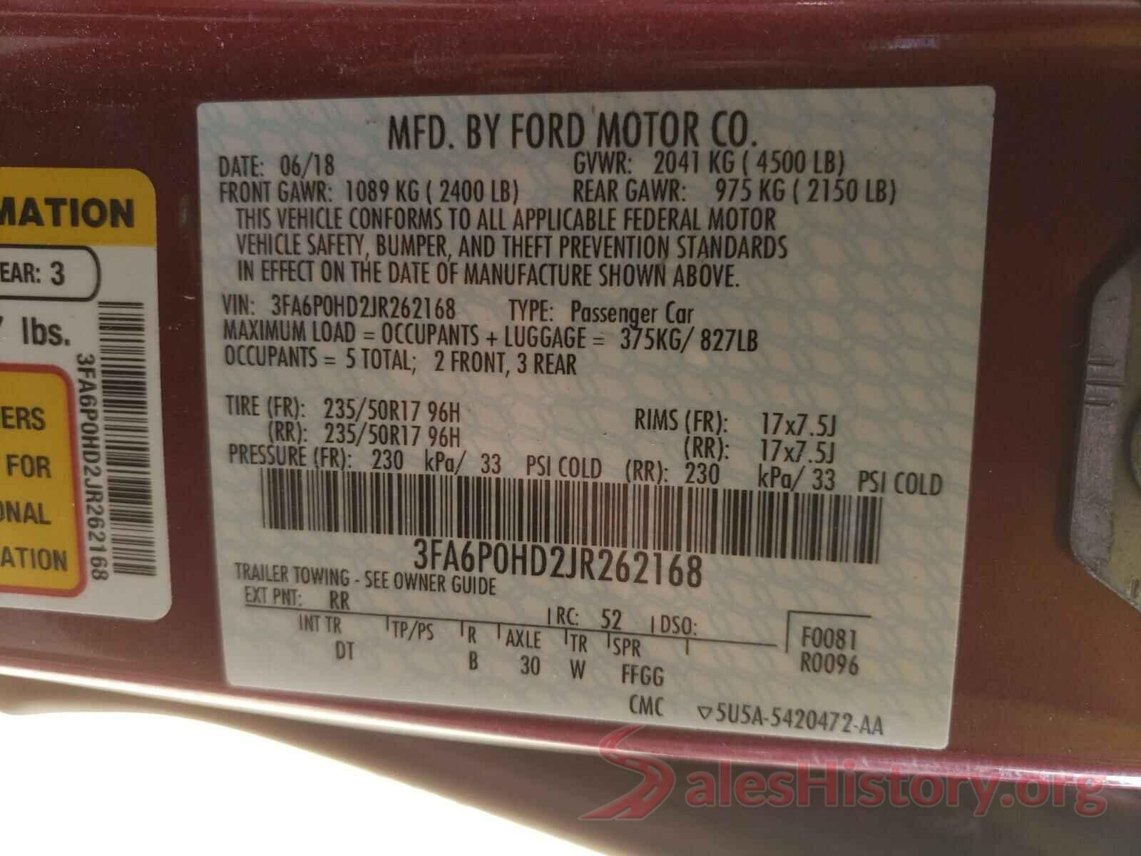 3FA6P0HD2JR262168 2018 FORD FUSION