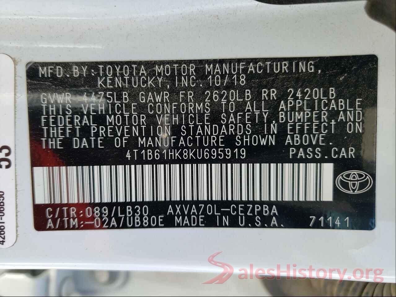 4T1B61HK8KU695919 2019 TOYOTA CAMRY