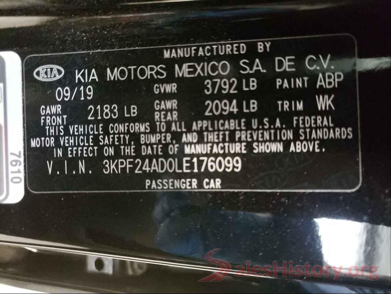 3KPF24AD0LE176099 2020 KIA FORTE