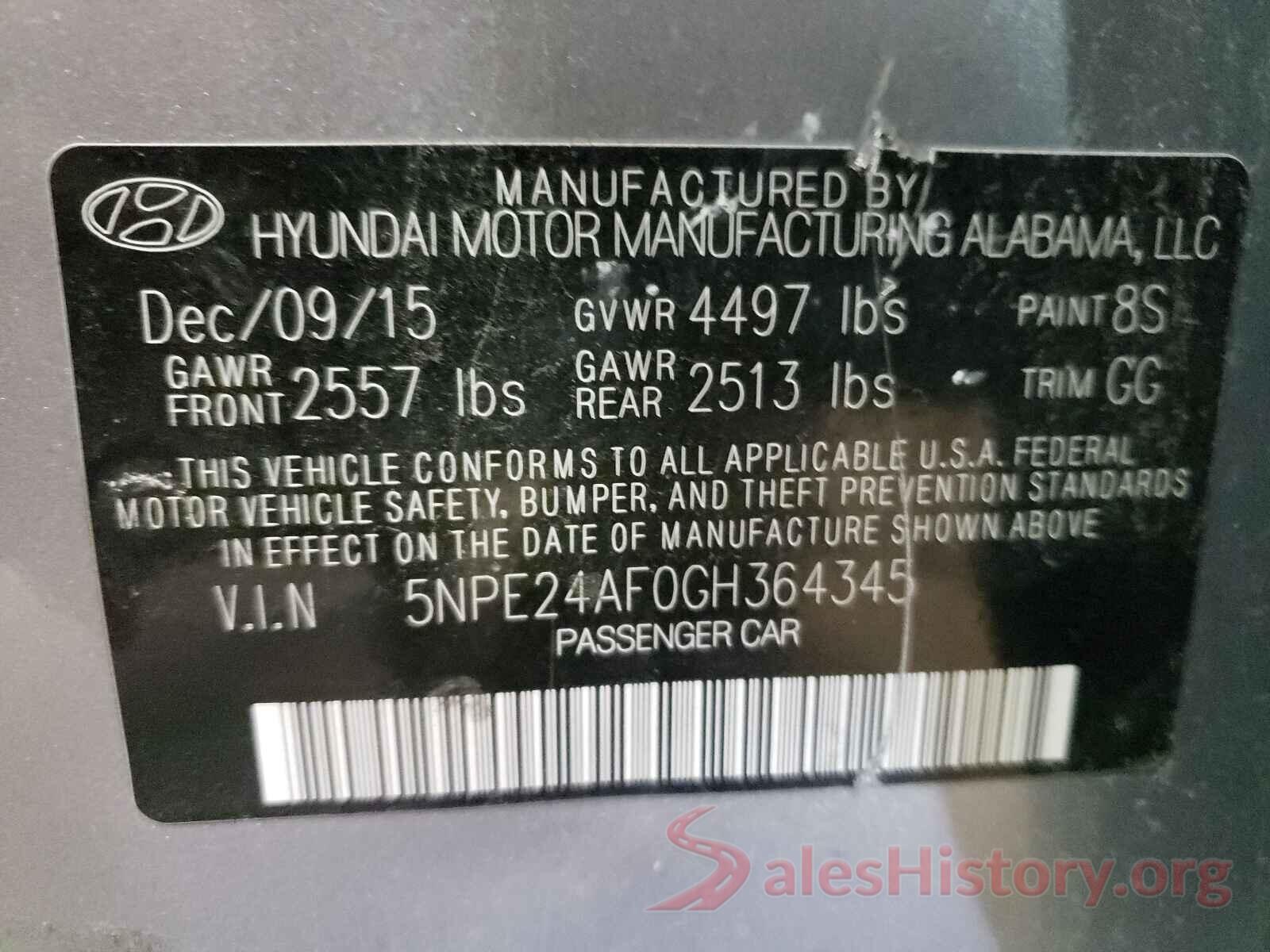 5NPE24AF0GH364345 2016 HYUNDAI SONATA