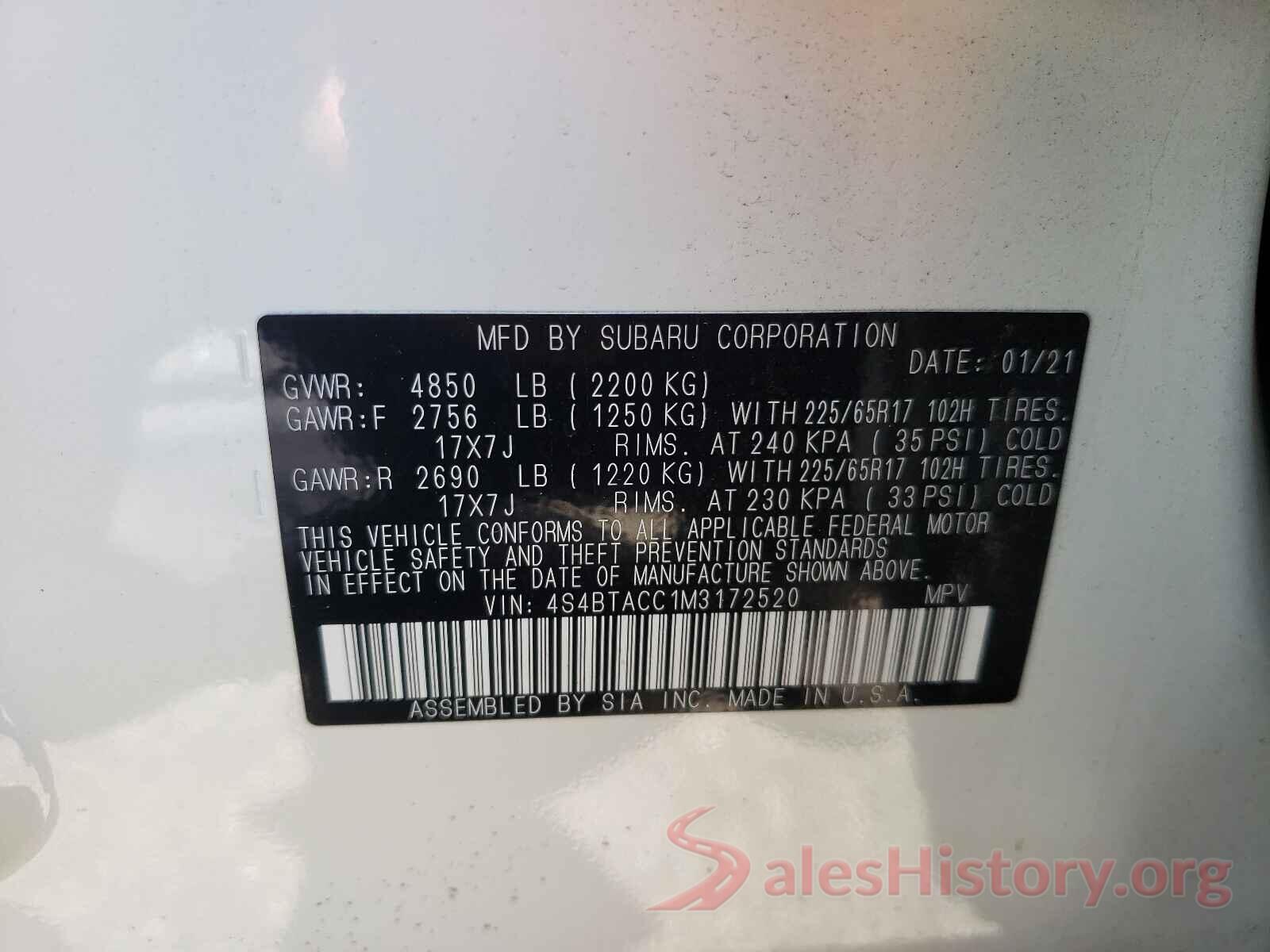 4S4BTACC1M3172520 2021 SUBARU OUTBACK