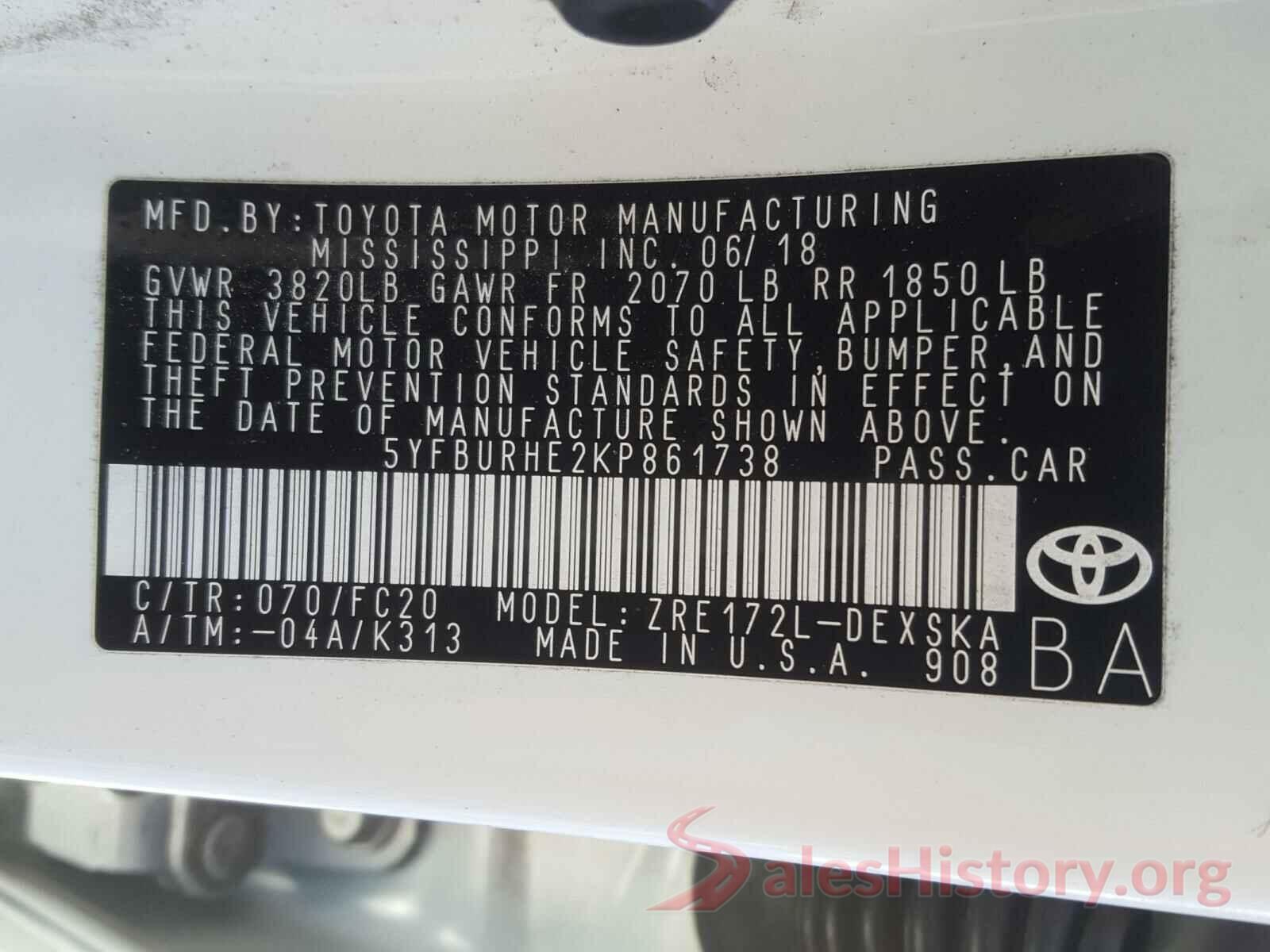 5YFBURHE2KP861738 2019 TOYOTA COROLLA