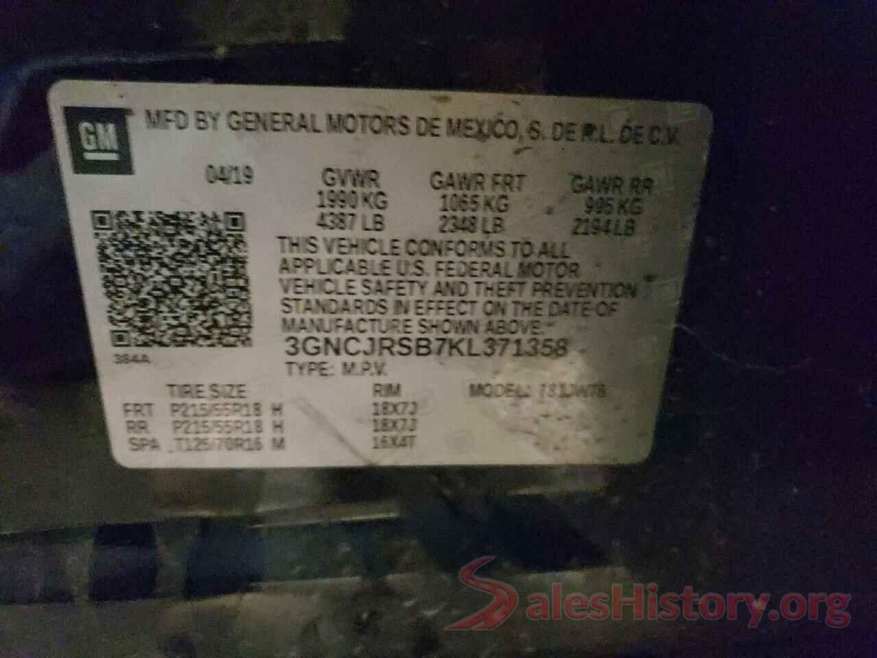 3GNCJRSB7KL371358 2019 CHEVROLET TRAX