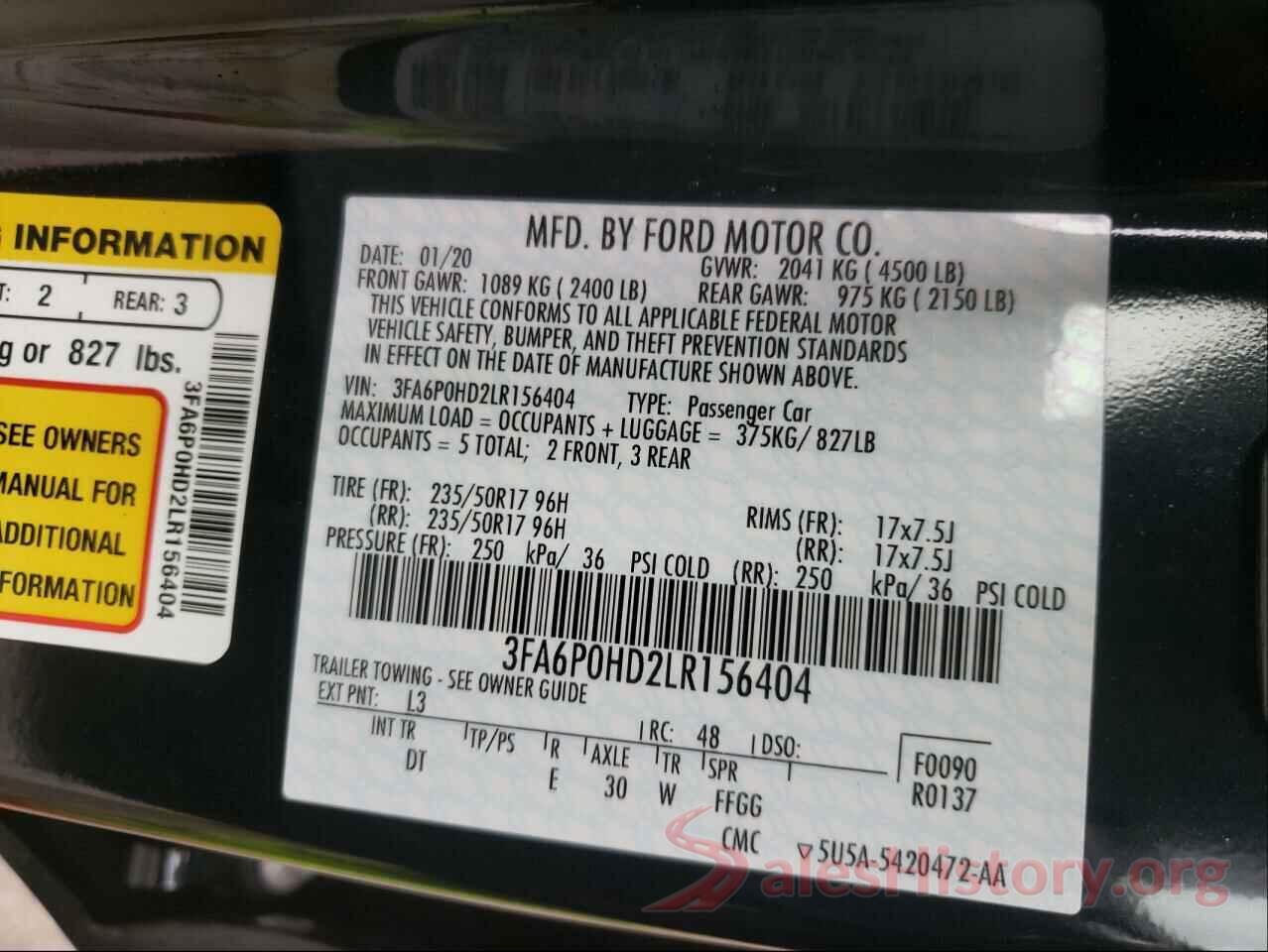 3FA6P0HD2LR156404 2020 FORD FUSION