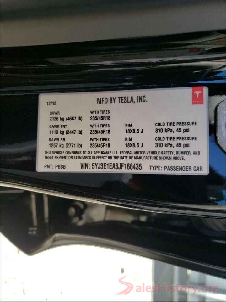 5YJ3E1EA6JF166435 2018 TESLA MODEL 3