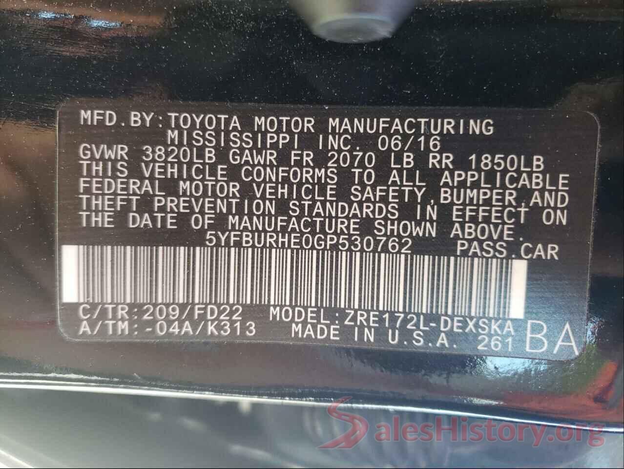 5YFBURHE0GP530762 2016 TOYOTA COROLLA